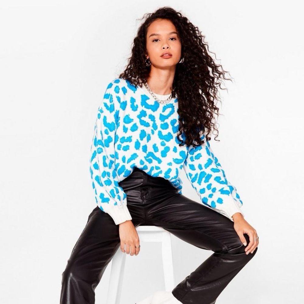 Nasty Gal Meows Your Last Chance Leopard Knit Bubble Sleeve Sweater Large